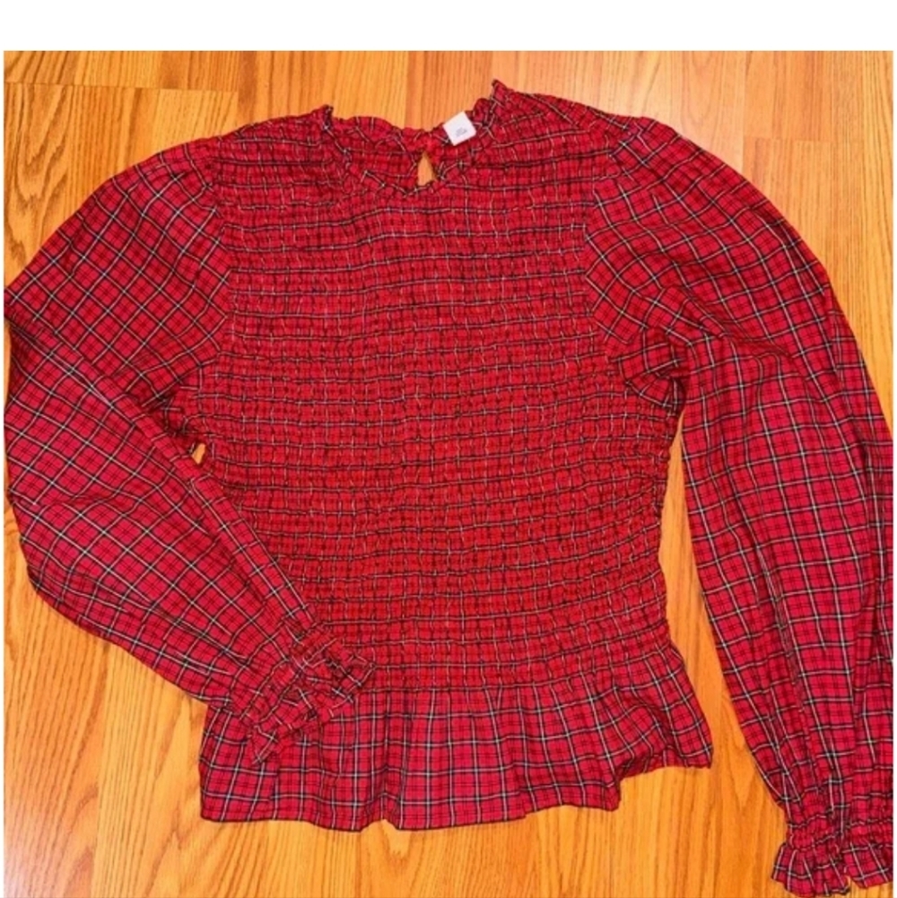 Old Navy Red Plaid Smocked Peplum Blouse - Picture 2 of 2